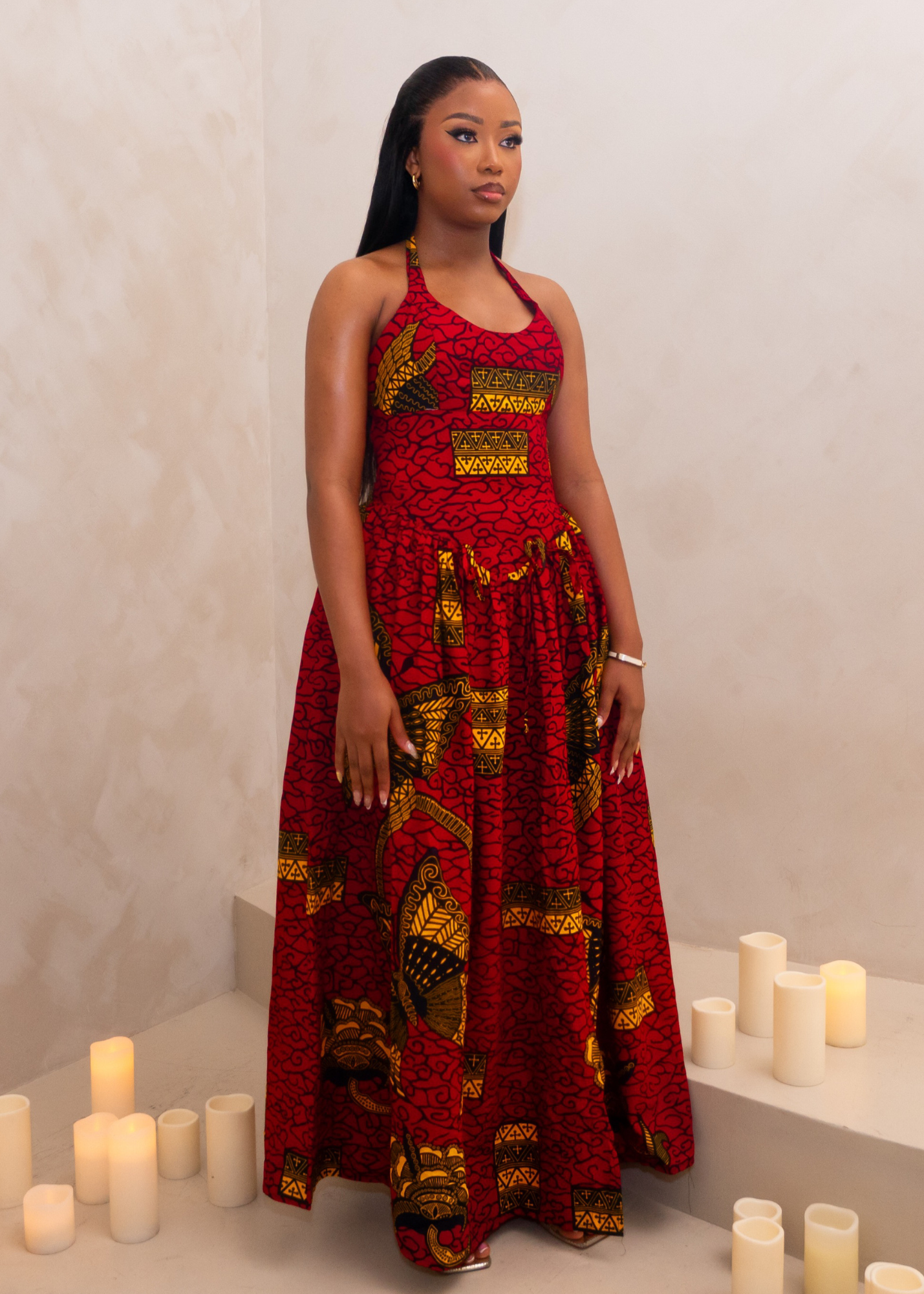 ARYA HALTER CORSET MAXI DRESS - RED