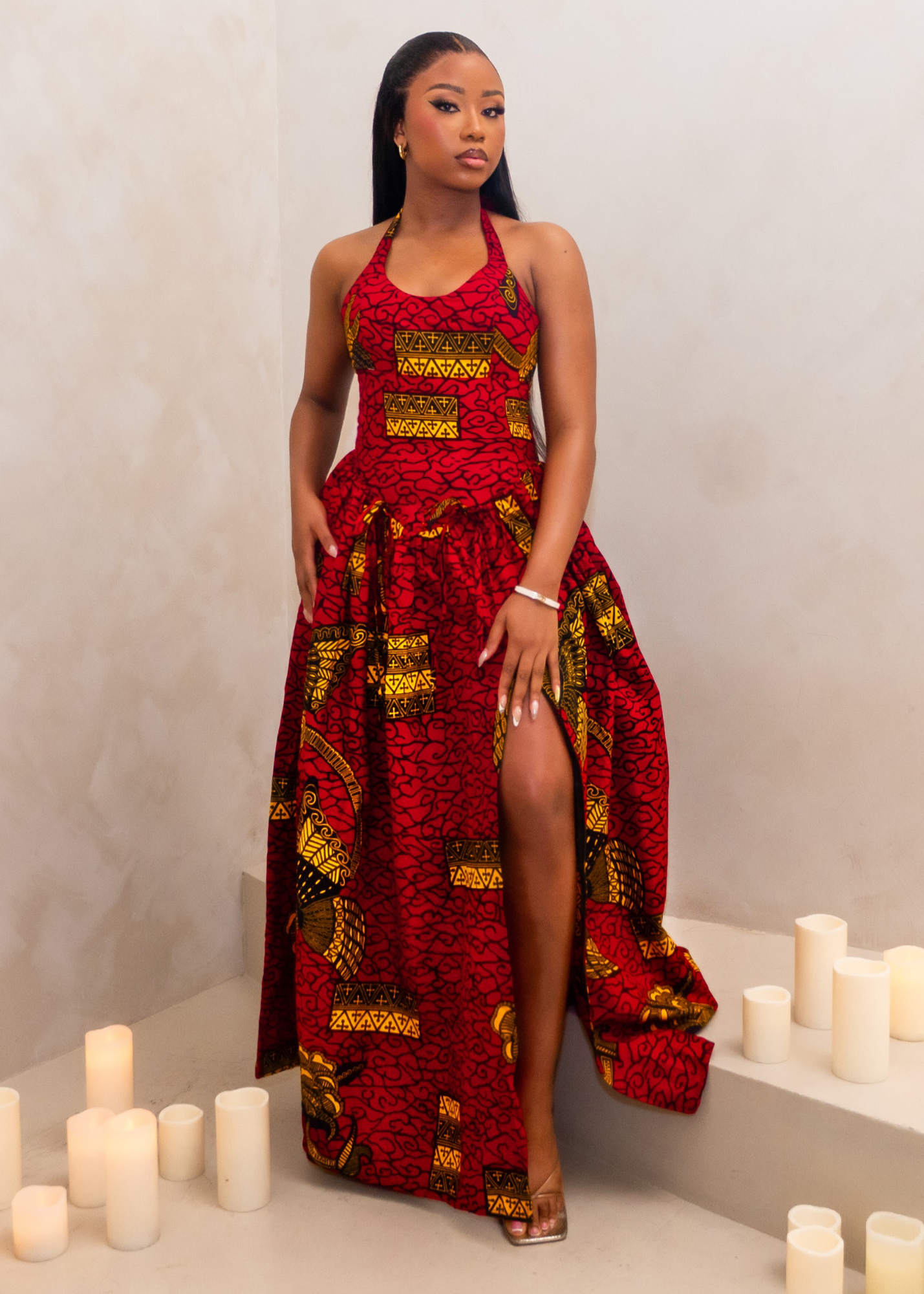 ARYA HALTER CORSET MAXI DRESS - RED