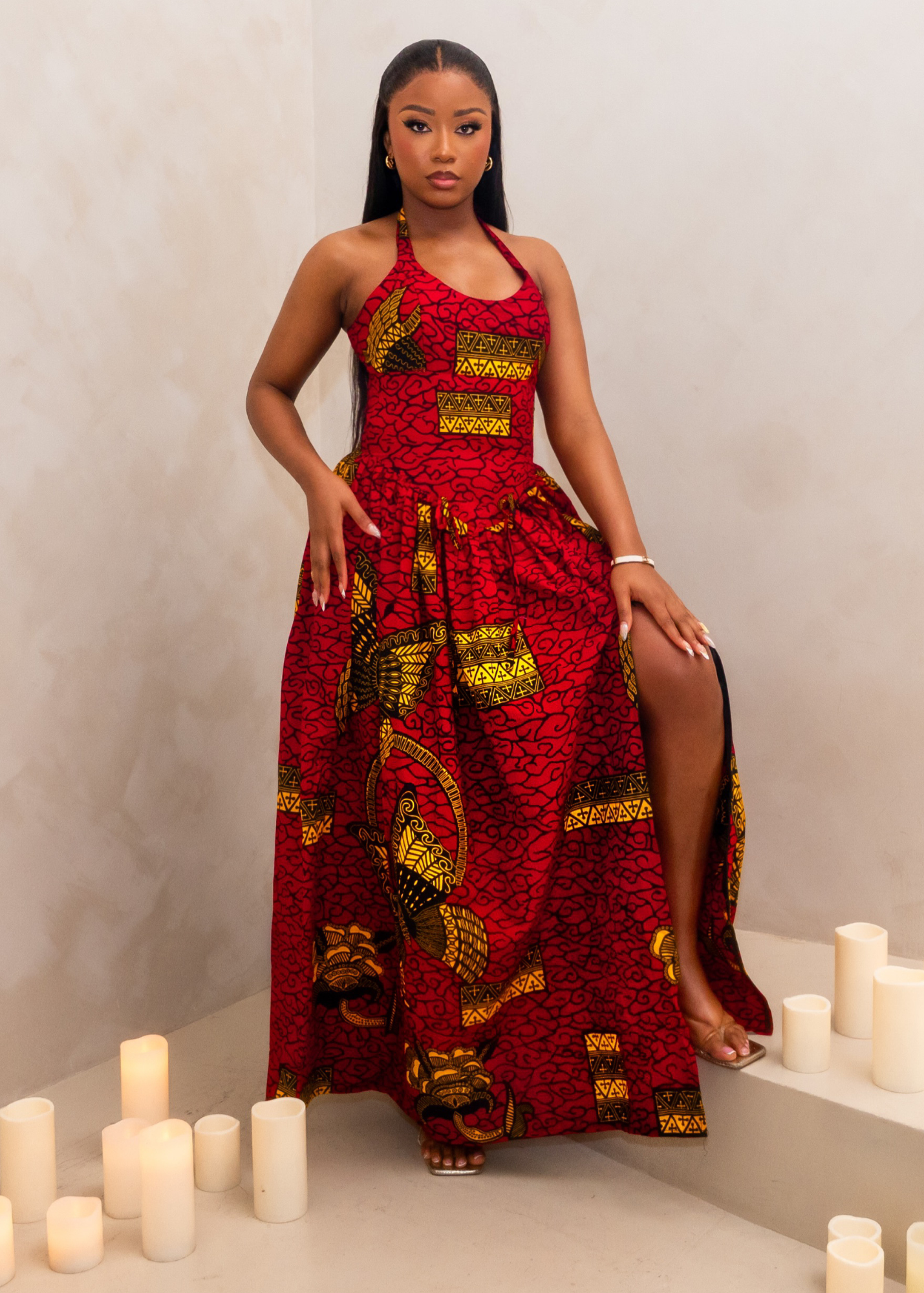 ARYA HALTER CORSET MAXI DRESS - RED