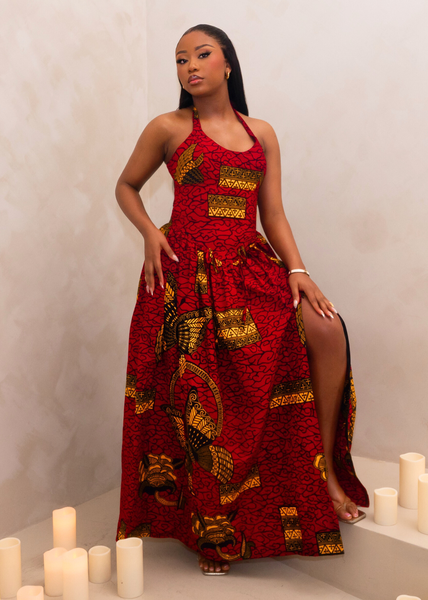 ARYA HALTER CORSET MAXI DRESS - RED